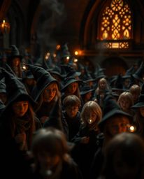 Experience an extreme macro close-up of a magical school teeming with young wizards.  Rendered in intense jet black with deep