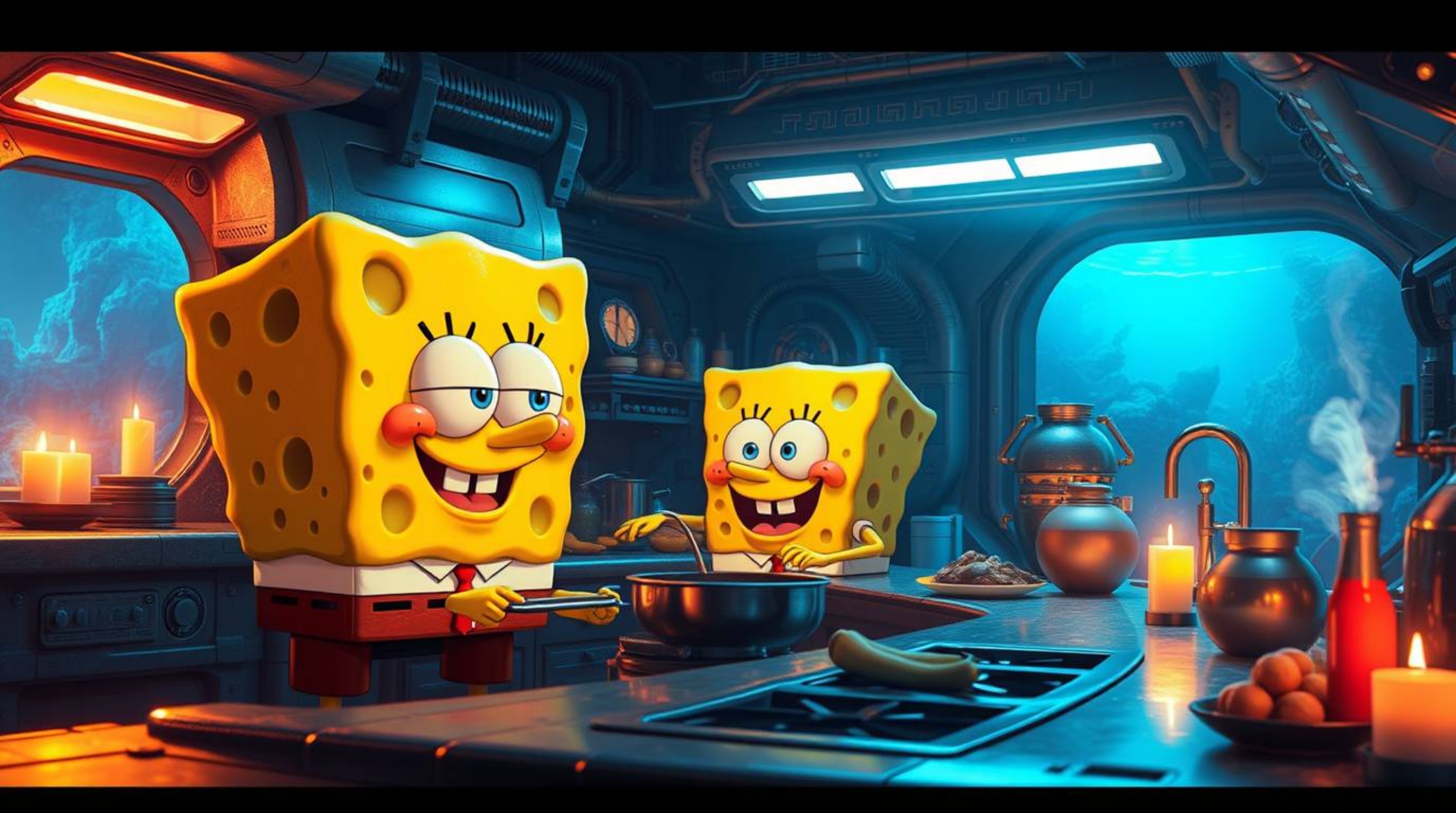 Dive into a captivating futuristic sci-fi scene featuring a whimsical sponge character preparing a culinary masterpiece in an