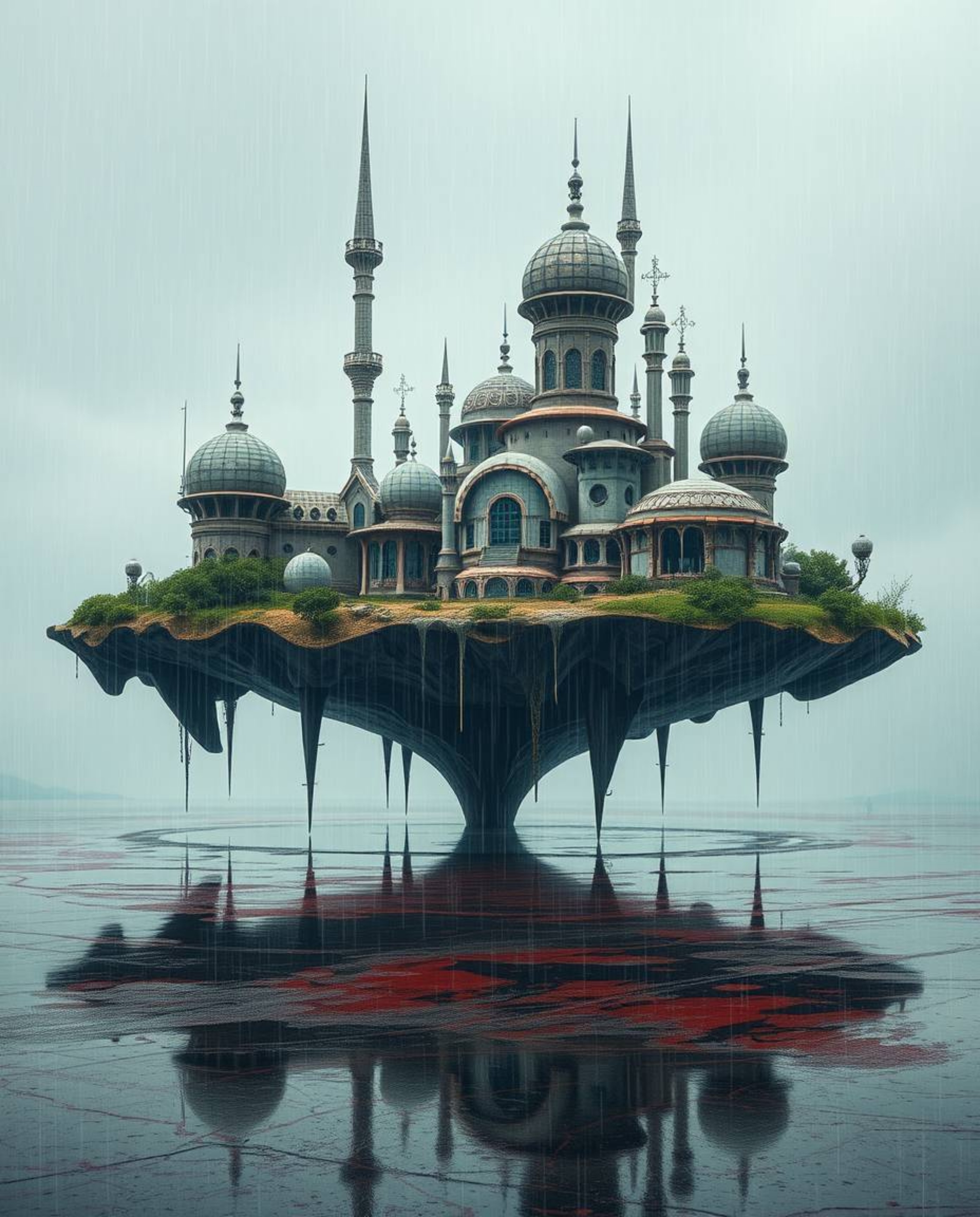Explore a surreal floating island showcasing bizarre and captivating architecture. This digital art piece captures a wet, rai