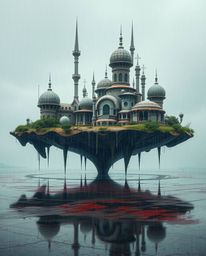 Explore a surreal floating island showcasing bizarre and captivating architecture. This digital art piece captures a wet, rai