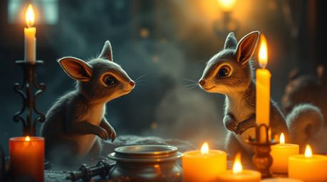 An ethereal image depicting two talking animals engaged in mischievous activities amidst the warm glow of candlelight.  The s