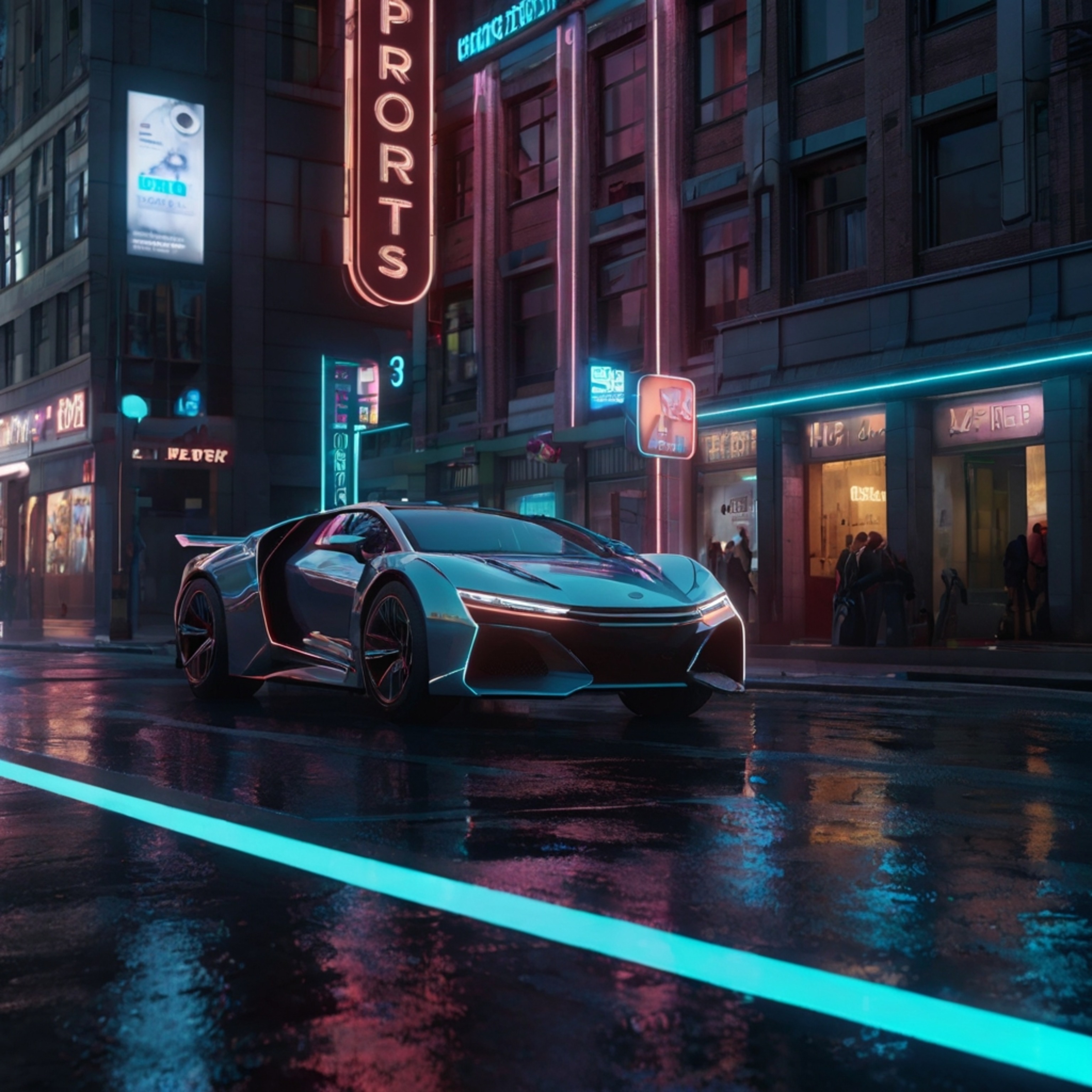 Explore a stylized 3D model showcasing a vibrant urban street corner of the future.  This scene features sleek, futuristic ve