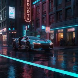 Explore a stylized 3D model showcasing a vibrant urban street corner of the future.  This scene features sleek, futuristic ve