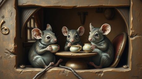 A charming digital painting showcases anthropomorphic mice enjoying a tea party in a cozy cottage.  Rendered in natural earth