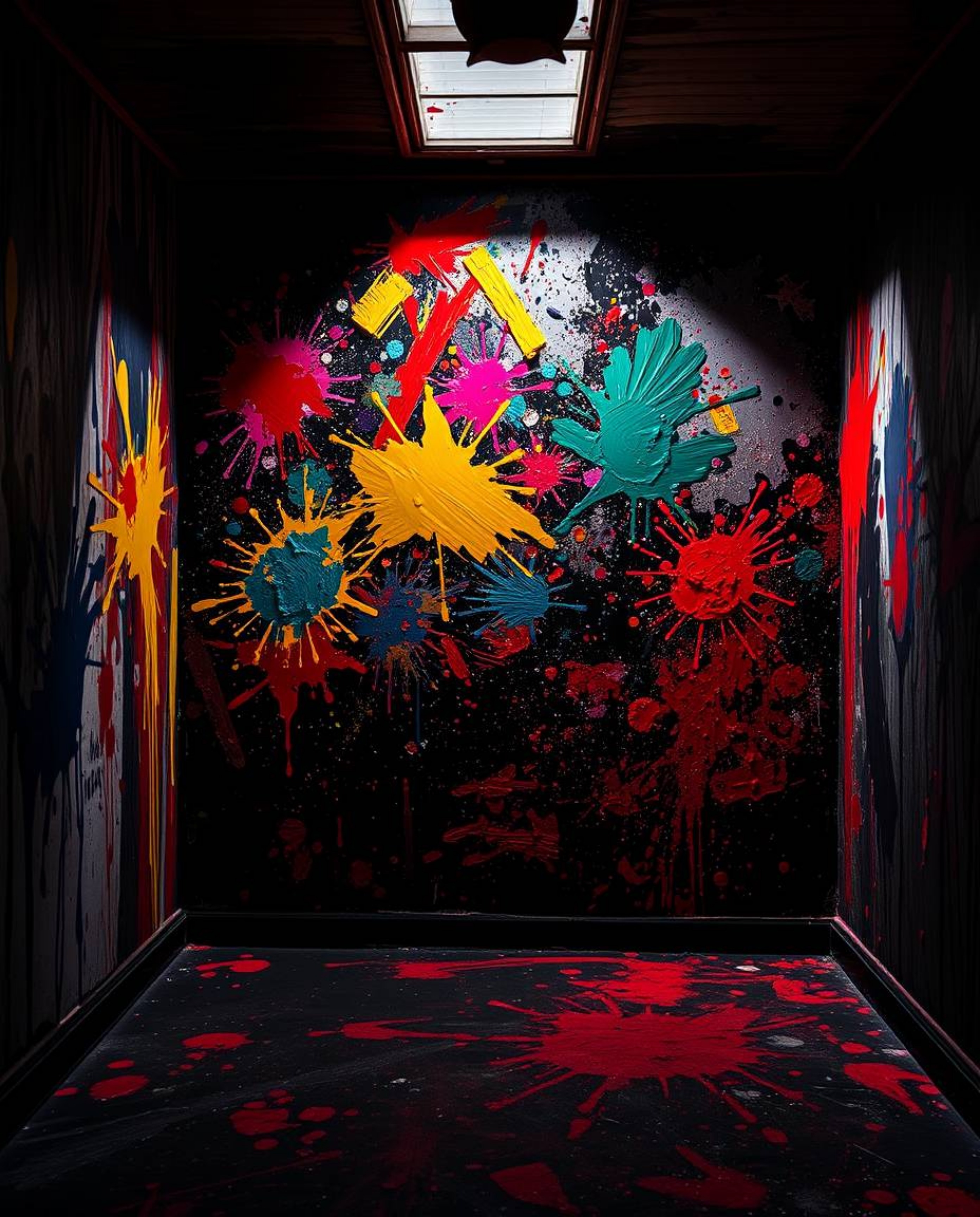 Immerse yourself in a room where paint explodes in a symphony of color and form. This abstract piece utilizes high contrast a