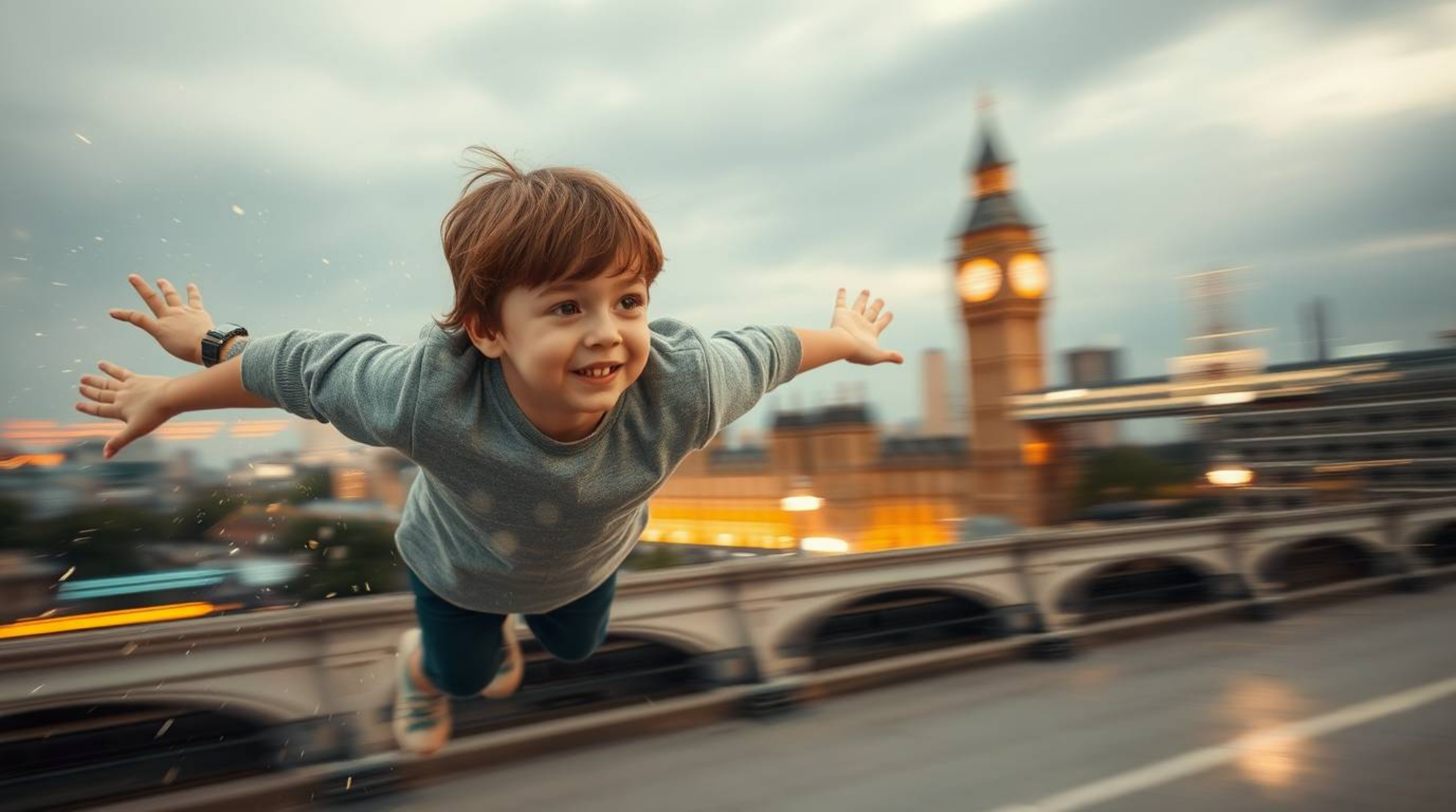 A captivating image of a young boy with short brown hair soaring above London, propelled by sparkling pixie dust. Captured wi