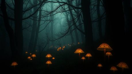 Step into a dreamy vintage enchanted forest where glowing mushrooms illuminate a hazy, soft landscape.  Deep shadows and high