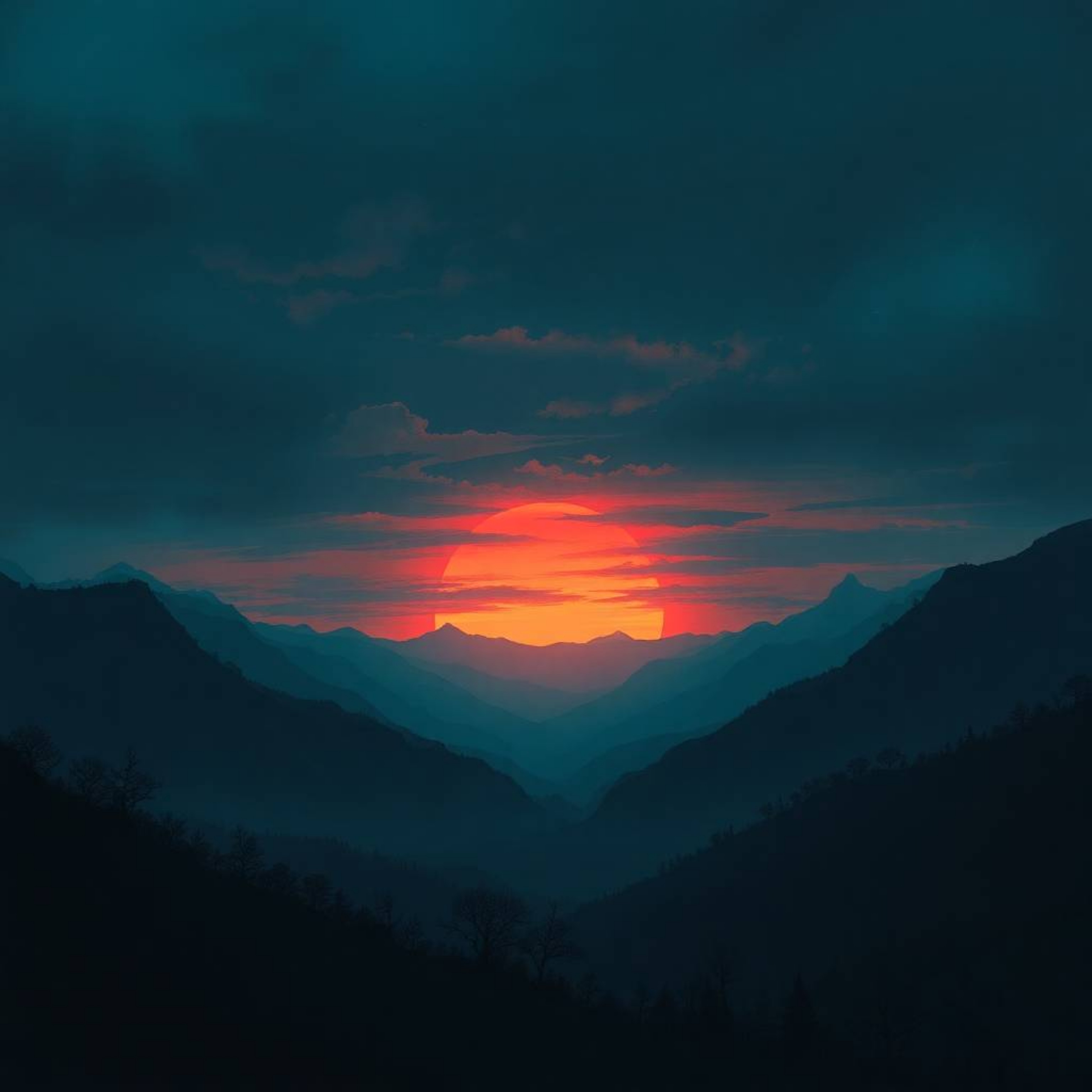 Experience an eerie and unsettling sunset over a quiet mountain valley. This digital painting captures the scene in cool blue