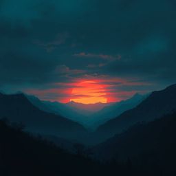 Experience an eerie and unsettling sunset over a quiet mountain valley. This digital painting captures the scene in cool blue