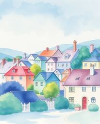 A serene watercolor painting depicts a sleepy town, showcasing pastel-colored houses in cool blues, greens, and purples.  Thi