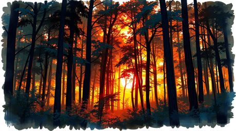A captivating hand-drawn sketchnote depicts the ethereal beauty of sunset light filtering through a dense forest.  Abstract p