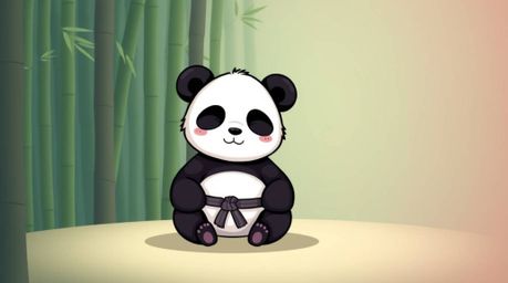 A charming image showcases an adorable panda, a martial arts practitioner, peacefully meditating within a serene bamboo fores