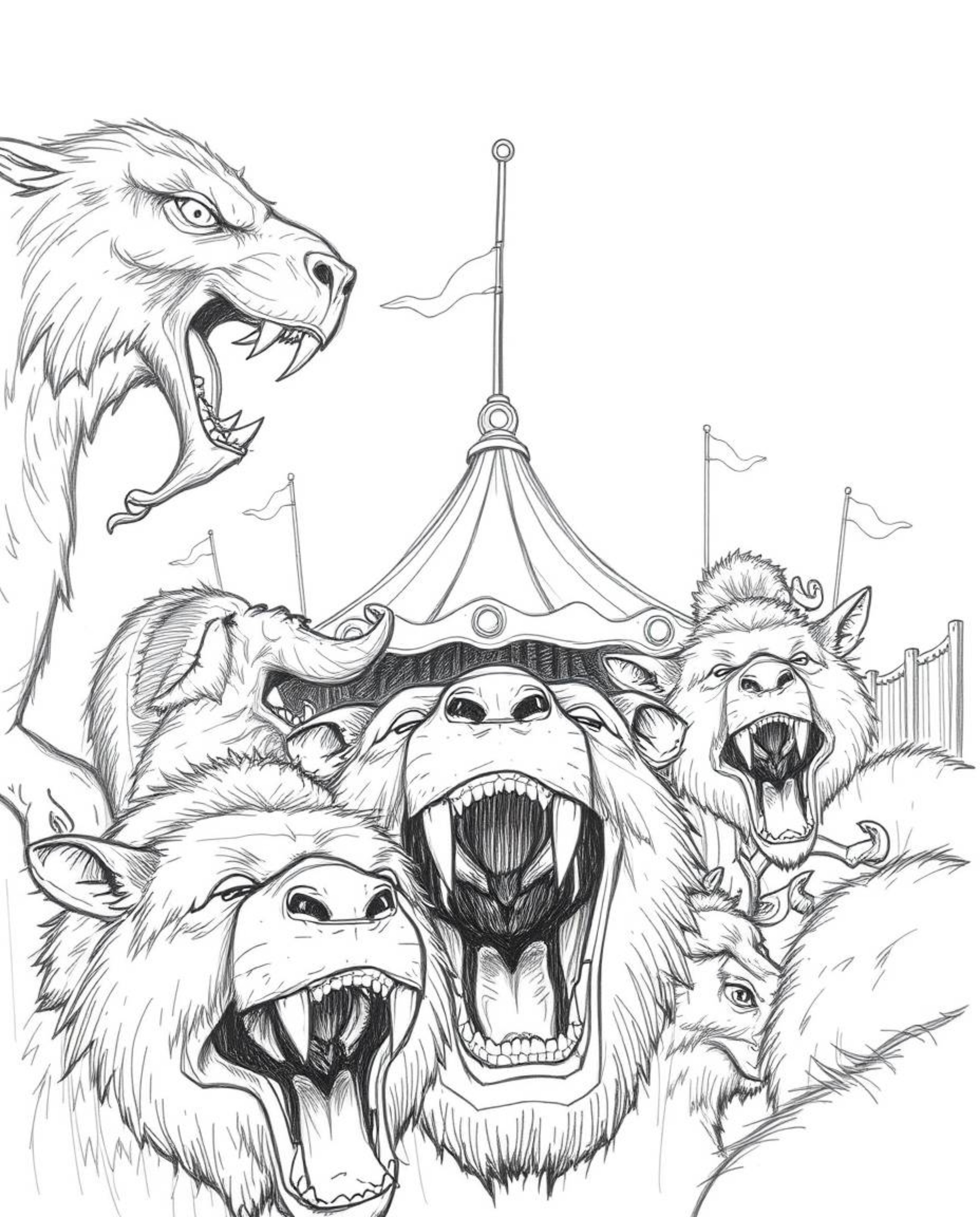 This hand-drawn sketch depicts a tight close-up of a carnival scene overrun by wild animals. The artwork features rough lines