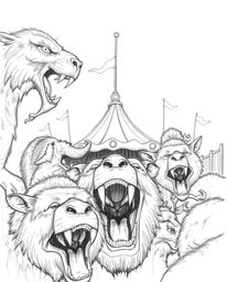 This hand-drawn sketch depicts a tight close-up of a carnival scene overrun by wild animals. The artwork features rough lines