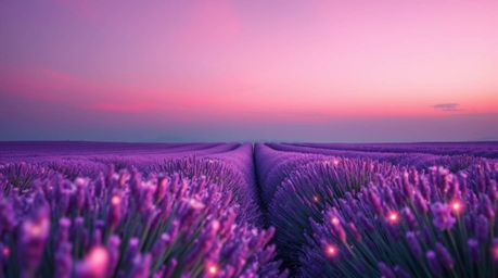 Experience the enchanting beauty of lavender fields bathed in a dreamy pink sky, captured in a seamless blend of colors and a