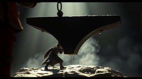 A dramatic close-up shot captures the tense moment just before an anvil falls on an unsuspecting trickster character. The sce