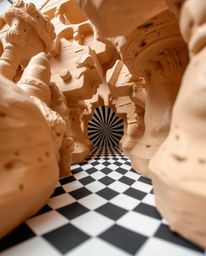 Discover captivating sculptural clay art from a low angle perspective, showcasing meticulously modeled shapes and textures. T