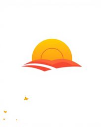This logo features a warm golden hour depiction of a geometric sunset over a spring wildflower meadow. The design is characte