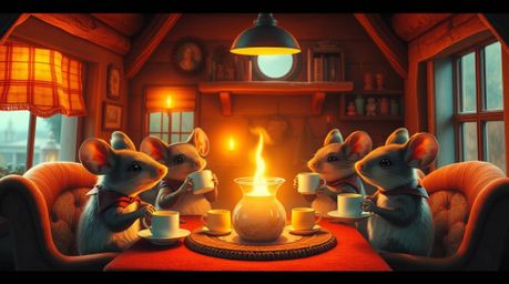 Experience an epic, modern scene of anthropomorphic mice enjoying tea in a cozy cottage. Presented on a grand and heroic scal