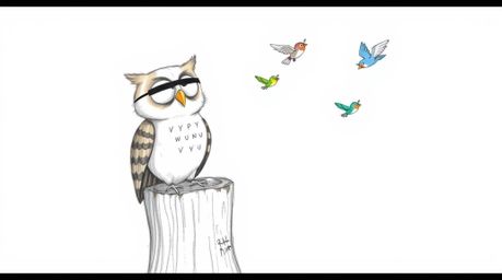 This is a heartwarming hand-drawn sketch reminiscent of Pixar, depicting a blind owl perched on a tree stump, radiating joy a