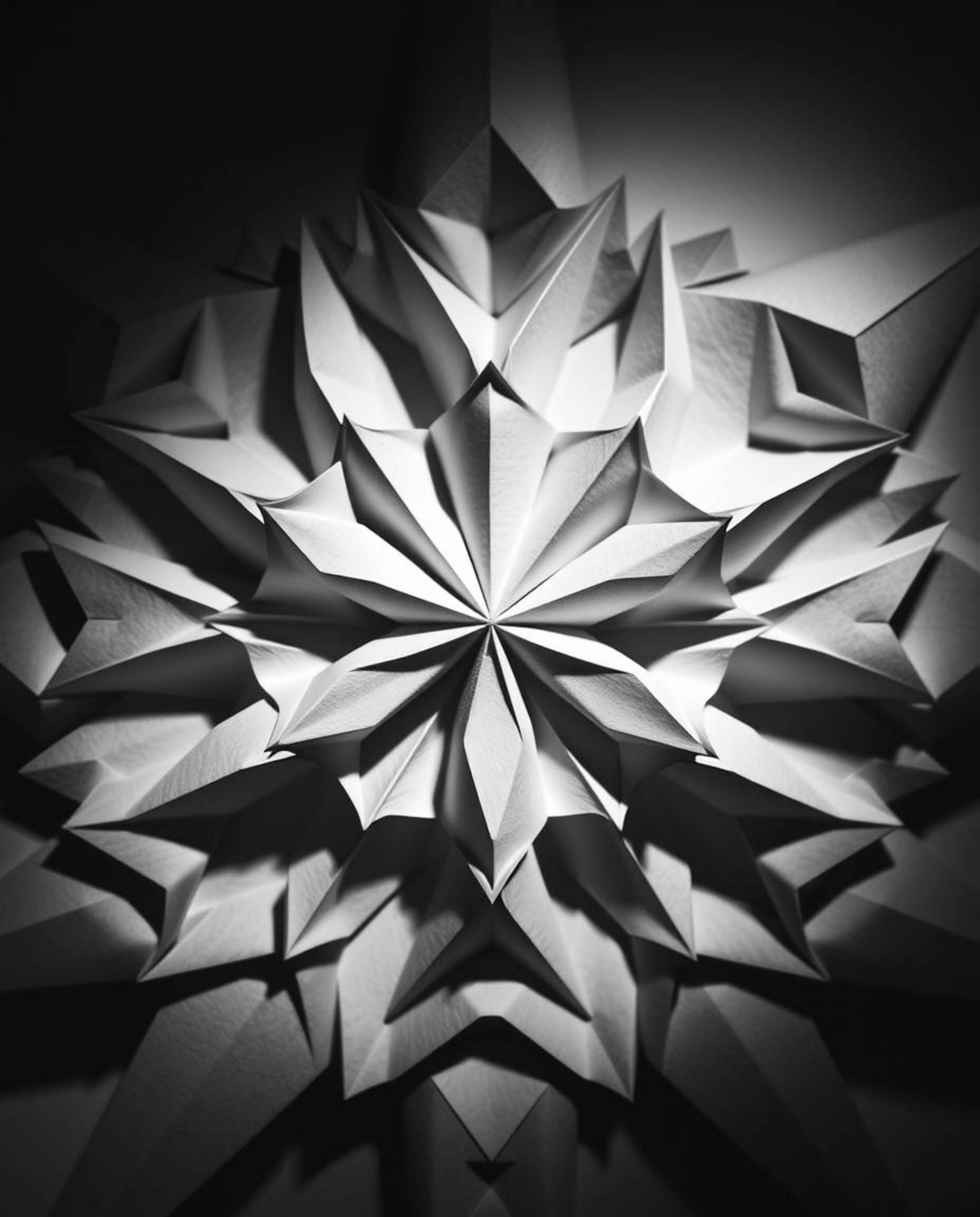 This intricate monochrome image showcases a stunning origami-style design with a 3D geometric pattern reminiscent of folded p