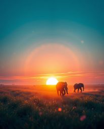 This is an ethereal creative light art piece depicting elephants walking across a field at sunset. The artwork is imbued with