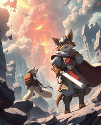 An epic Isekai anime scene unfolds, showcasing a talking animal sidekick assisting a hero on a thrilling journey through a fu