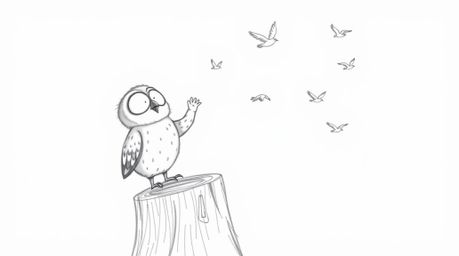 A heartwarming, Pixar-inspired hand-drawn sketch showcases a blind owl perched joyfully on a tree stump, as colorful birds dy