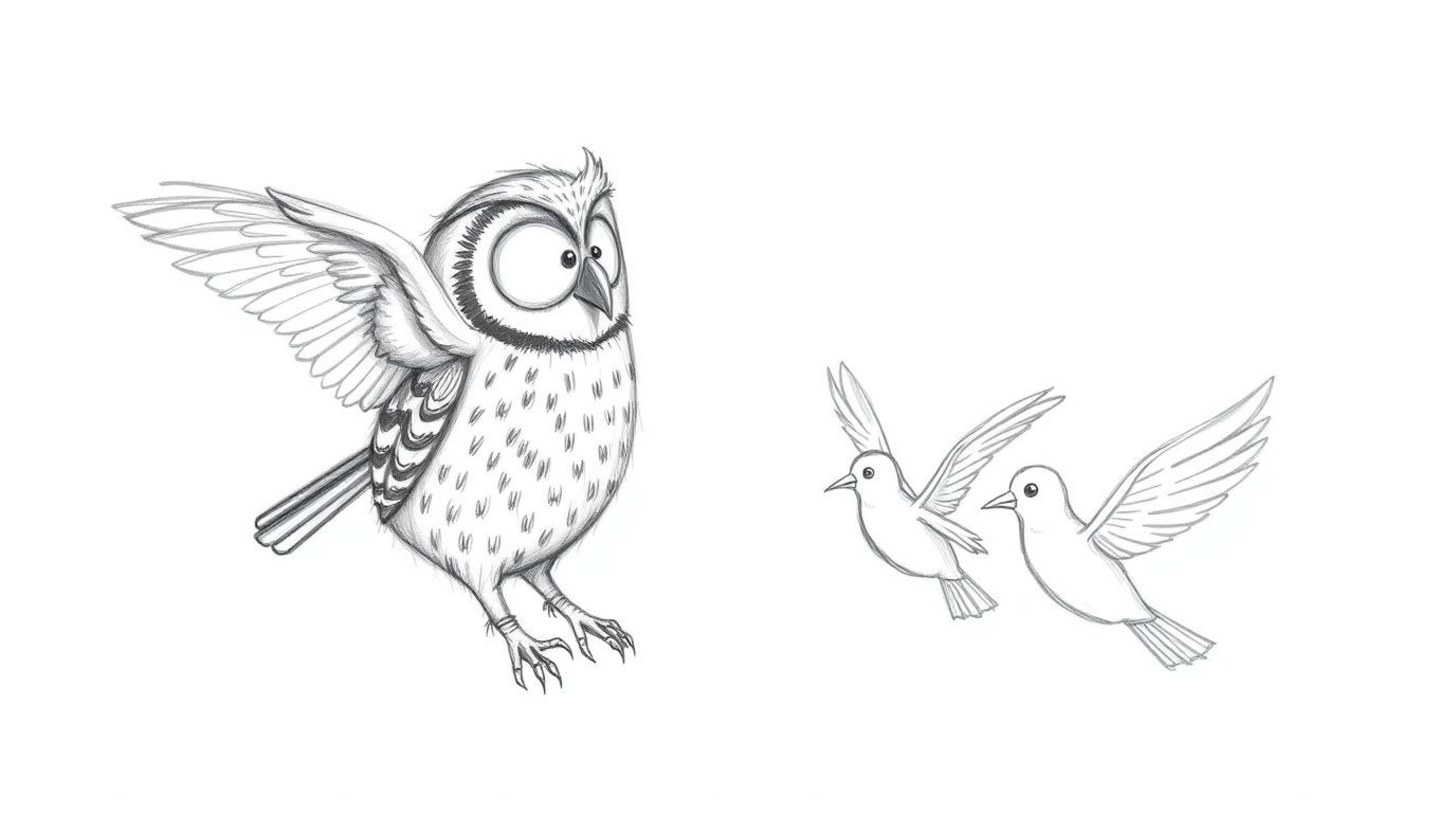 A heartwarming hand-drawn pencil sketch in a Pixar-like style depicts a blind owl, rendered with delicate hatching, as it gui