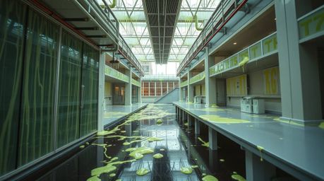 A captivating high-angle architectural photograph showcases a science lab enveloped in slime.  The image highlights sharp lin