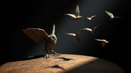 A captivating bronze surface depicts a blind owl in a Pixar-inspired style, contrasting dramatically with chiaroscuro lightin