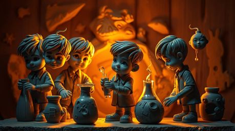 Discover captivating sculptural clay art featuring a group of quirky children in school uniforms conducting experiments.  The