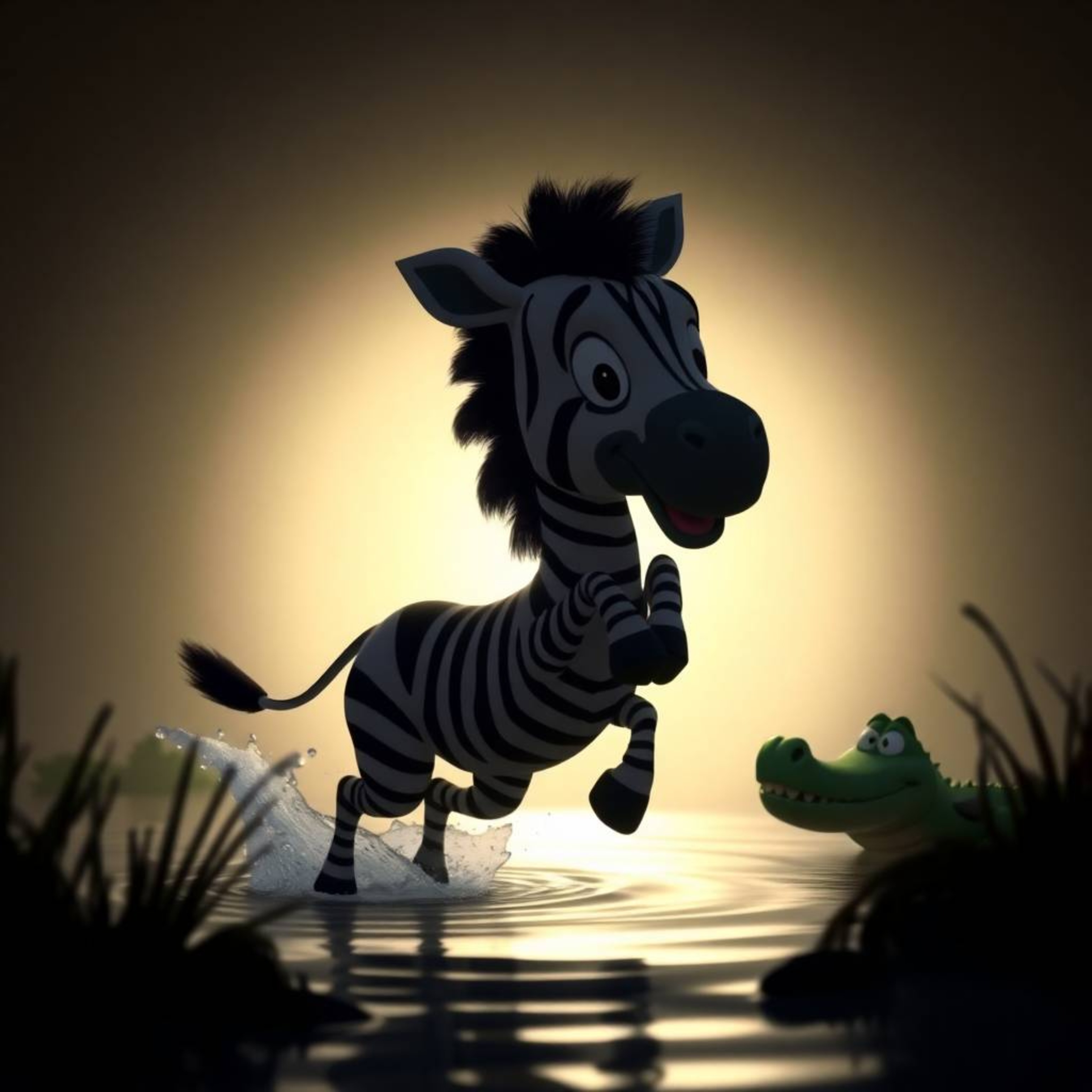 An adorable and cute 3D cartoon zebra jumps from a riverbank in fright, with a friendly crocodile splashing playfully behind.
