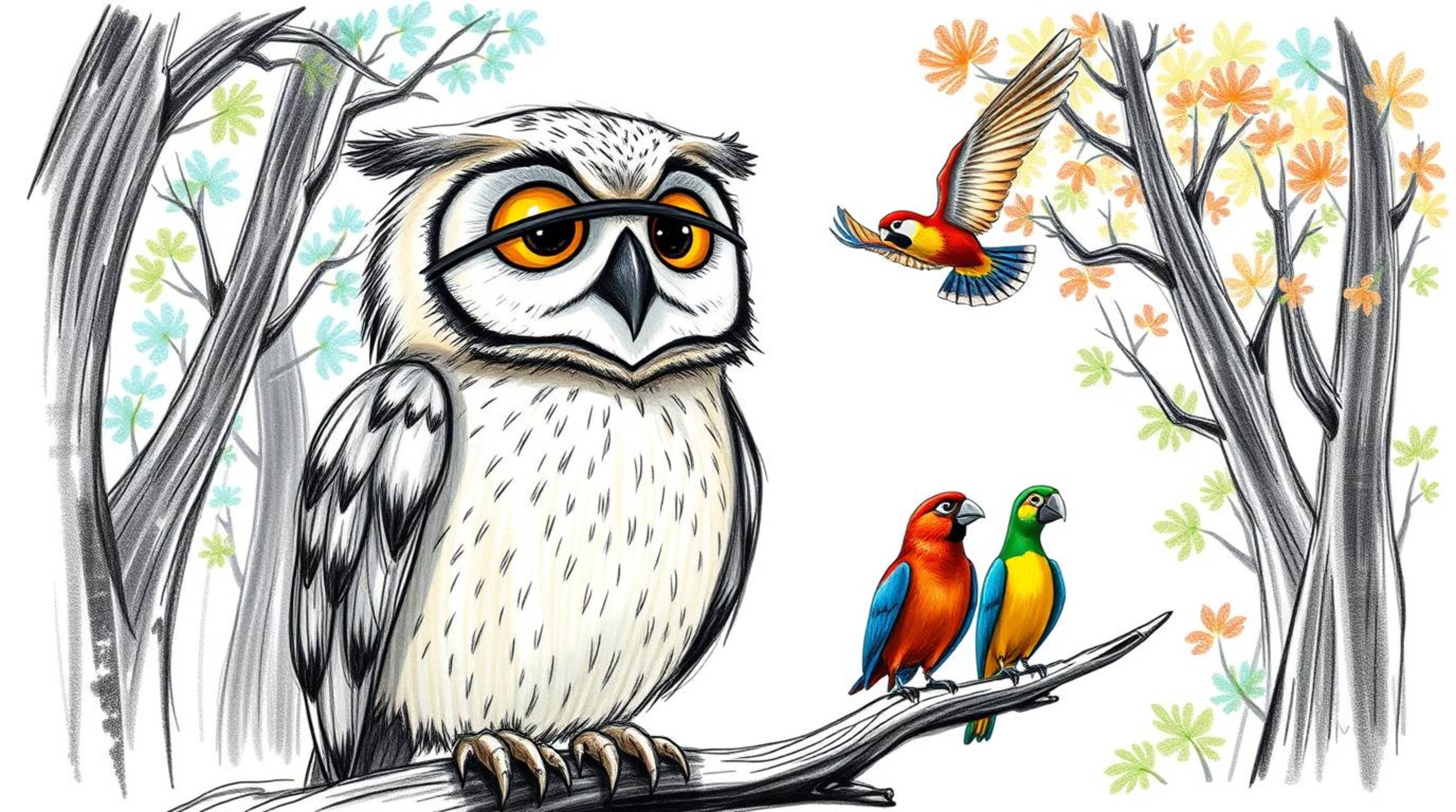 A heartwarming Pixar-style hand-drawn sketch depicts a blind owl, rendered with textured pencil strokes, patiently teaching a
