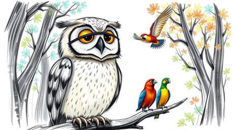 A heartwarming Pixar-style hand-drawn sketch depicts a blind owl, rendered with textured pencil strokes, patiently teaching a