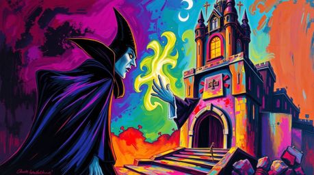 A dynamic acrylic painting depicts a classic Disney villain casting a spell within the walls of an ancient castle. The artwo