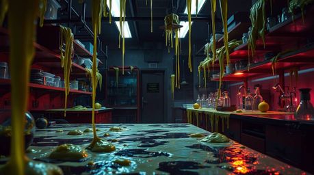 Explore a cinematic and surreal slime-covered science lab, captured with dramatic composition and dynamic lighting. This imag