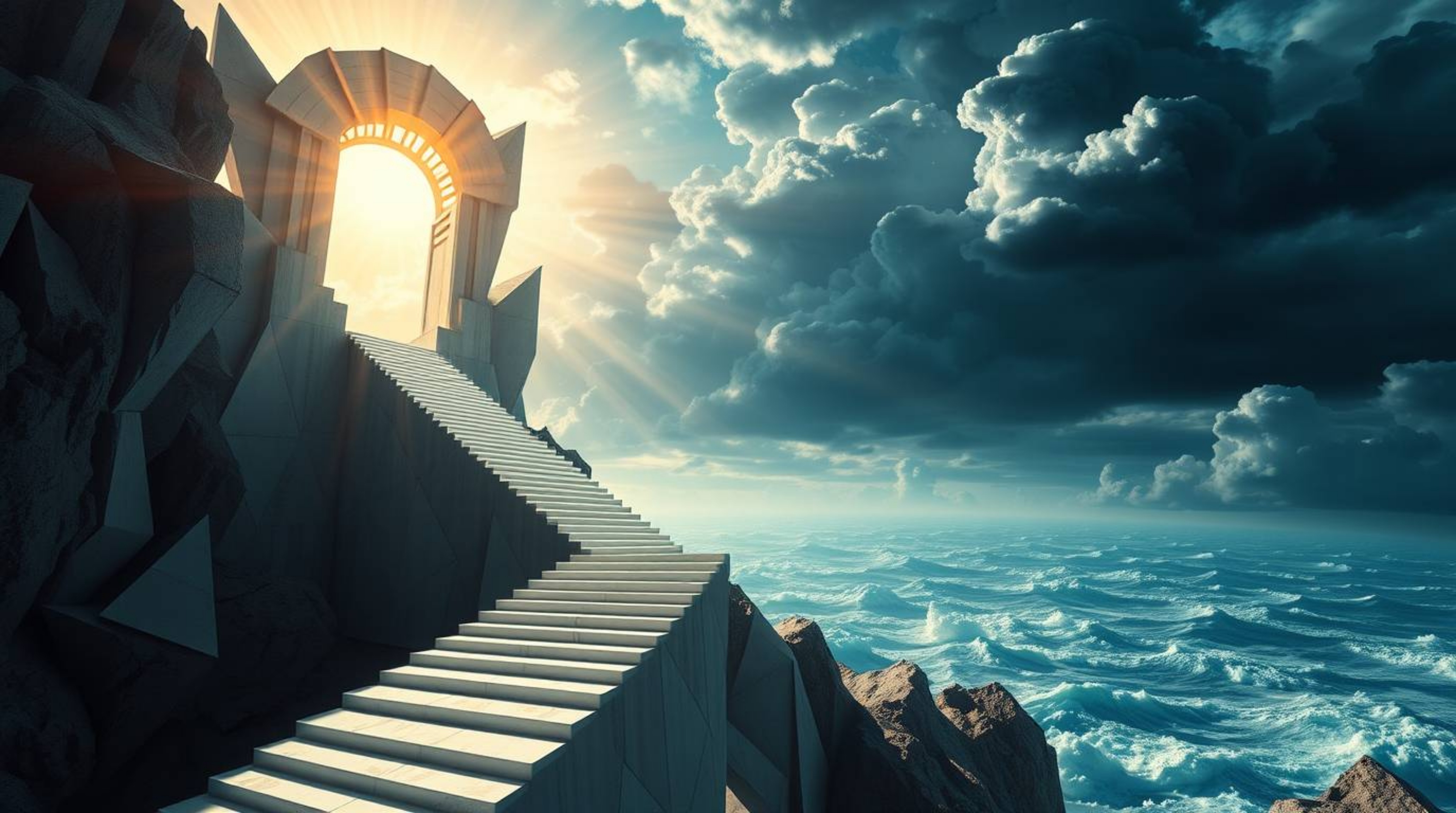 Experience an epic and futuristic scene featuring a dramatic staircase ascending from the ocean to a stormy sky, illuminated