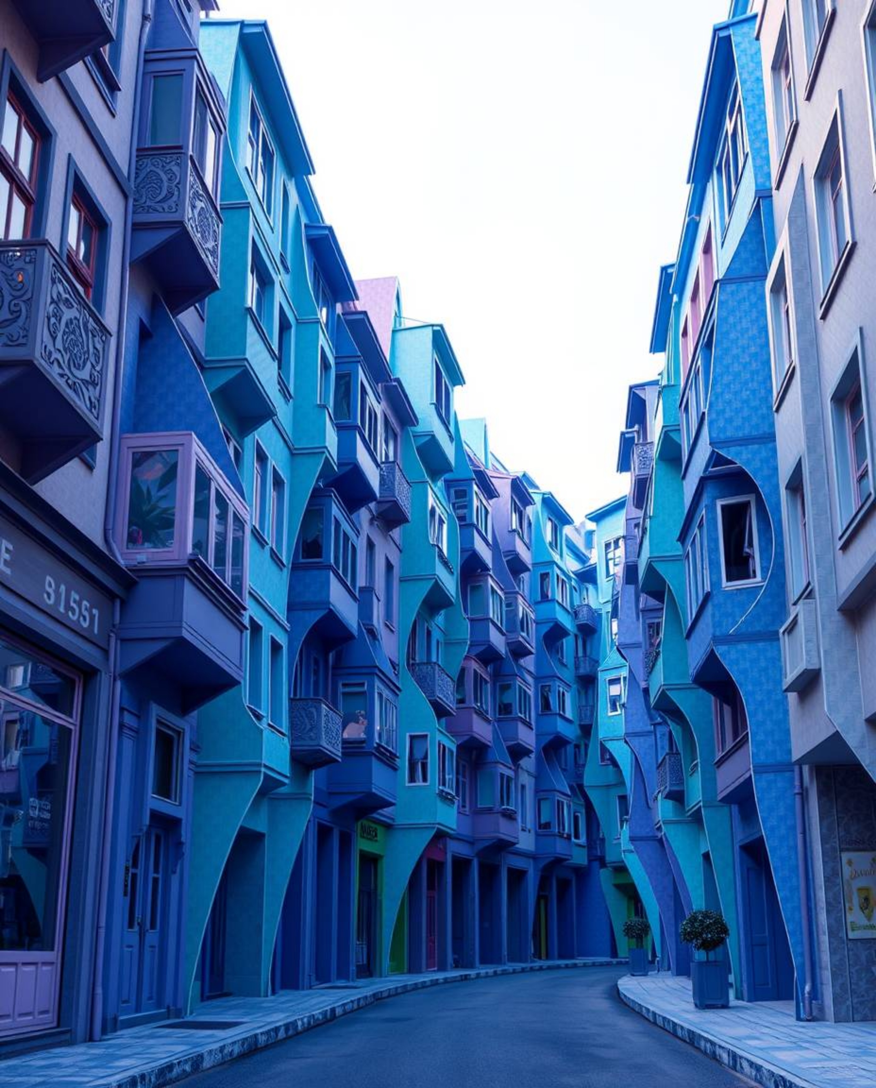 Discover a captivating surreal street scene where buildings twist and fold like intricate origami creations.  Cool blues, gre