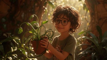 In a vibrant, warm-lit cinematic photograph reminiscent of Pixar's whimsical style, a bright-eyed homeschooled genius with cu