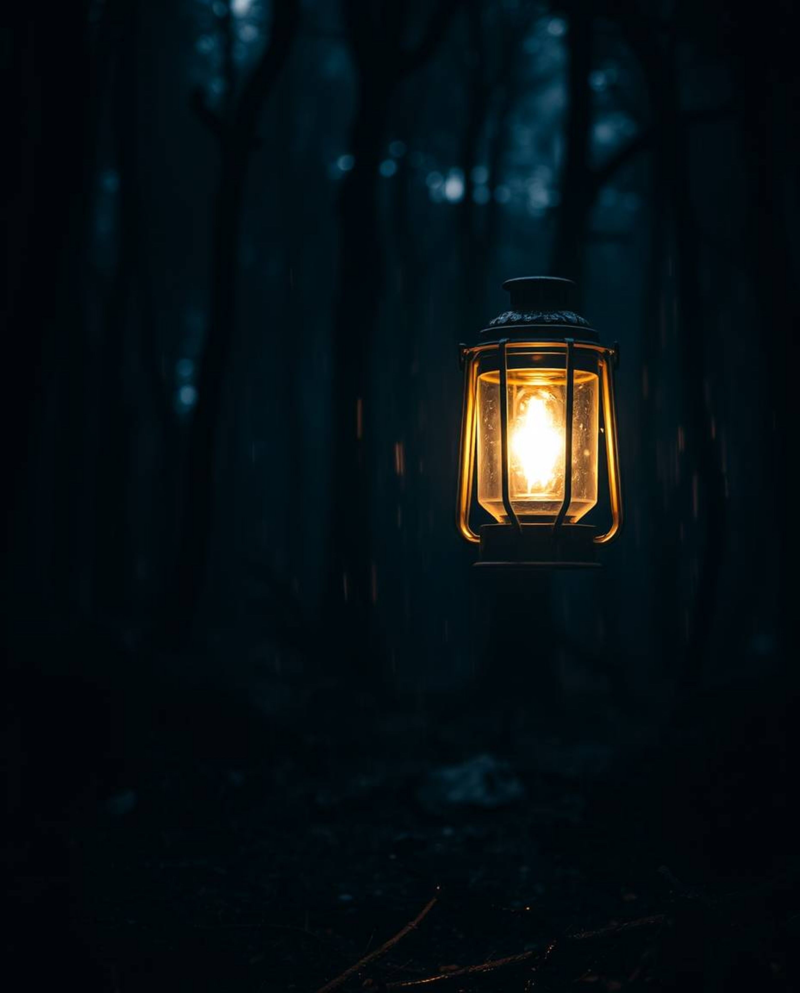 Immerse yourself in a captivating cinematic scene featuring a glowing lantern illuminating a dark, rain-soaked forest. The fi