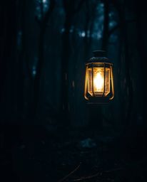 Immerse yourself in a captivating cinematic scene featuring a glowing lantern illuminating a dark, rain-soaked forest. The fi
