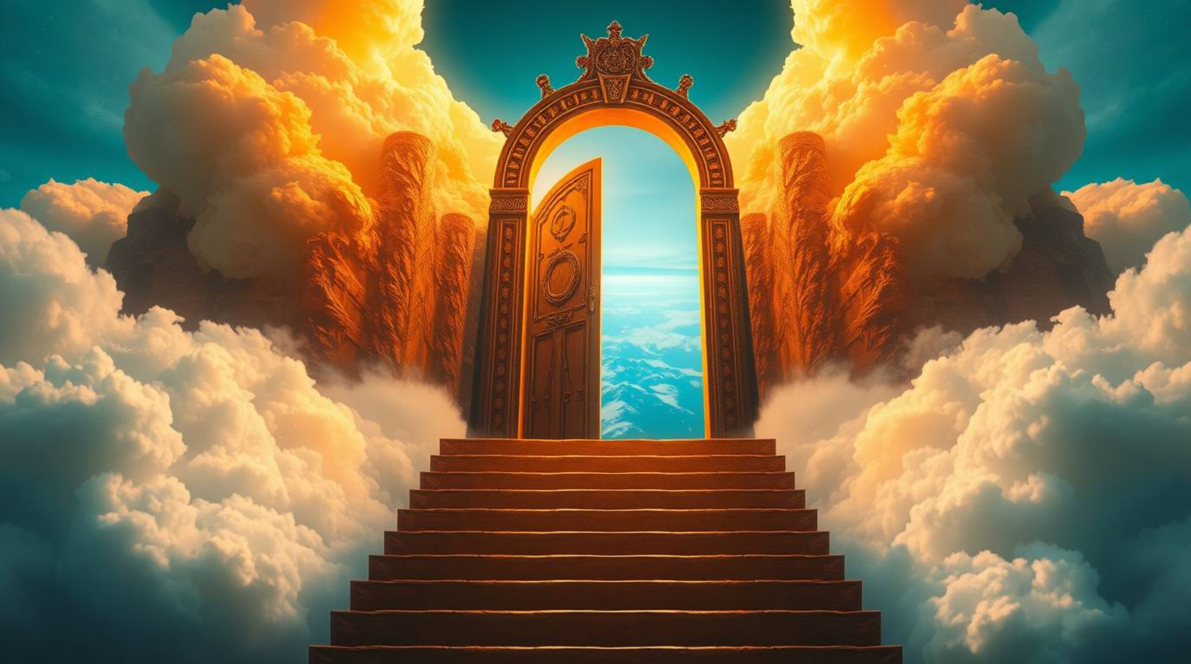 Experience a breathtaking fantasy realism close-up shot of a heavenly gate suspended above the clouds, featuring stairs leadi