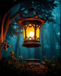 Discover an epic scene of a massive, bronze glowing lantern in a dark forest.  This artwork features heroic elements, an anti