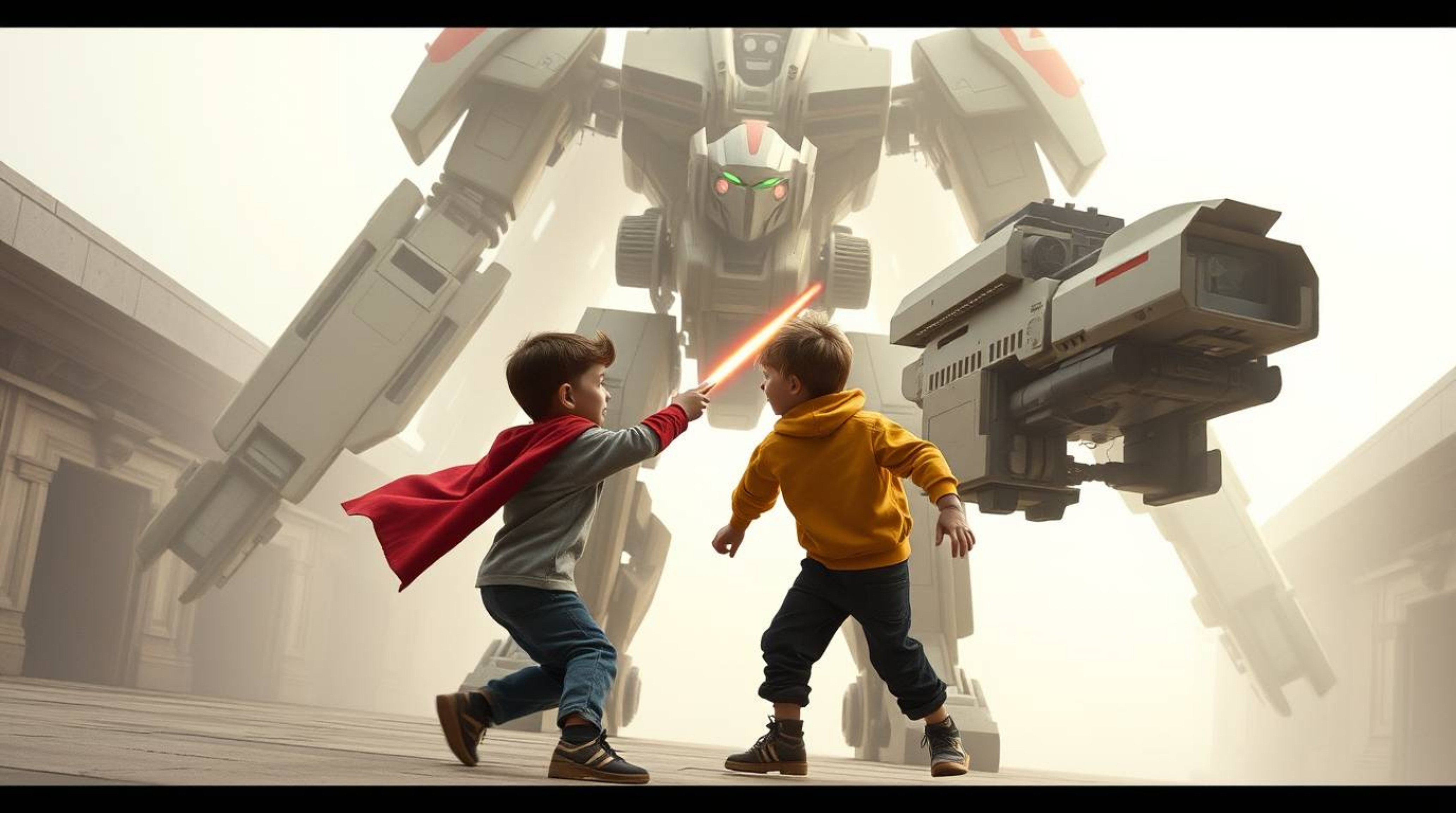A precise architectural color photograph captures three superpowered children in an intense battle against a formidable robot