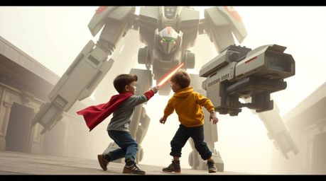 A precise architectural color photograph captures three superpowered children in an intense battle against a formidable robot