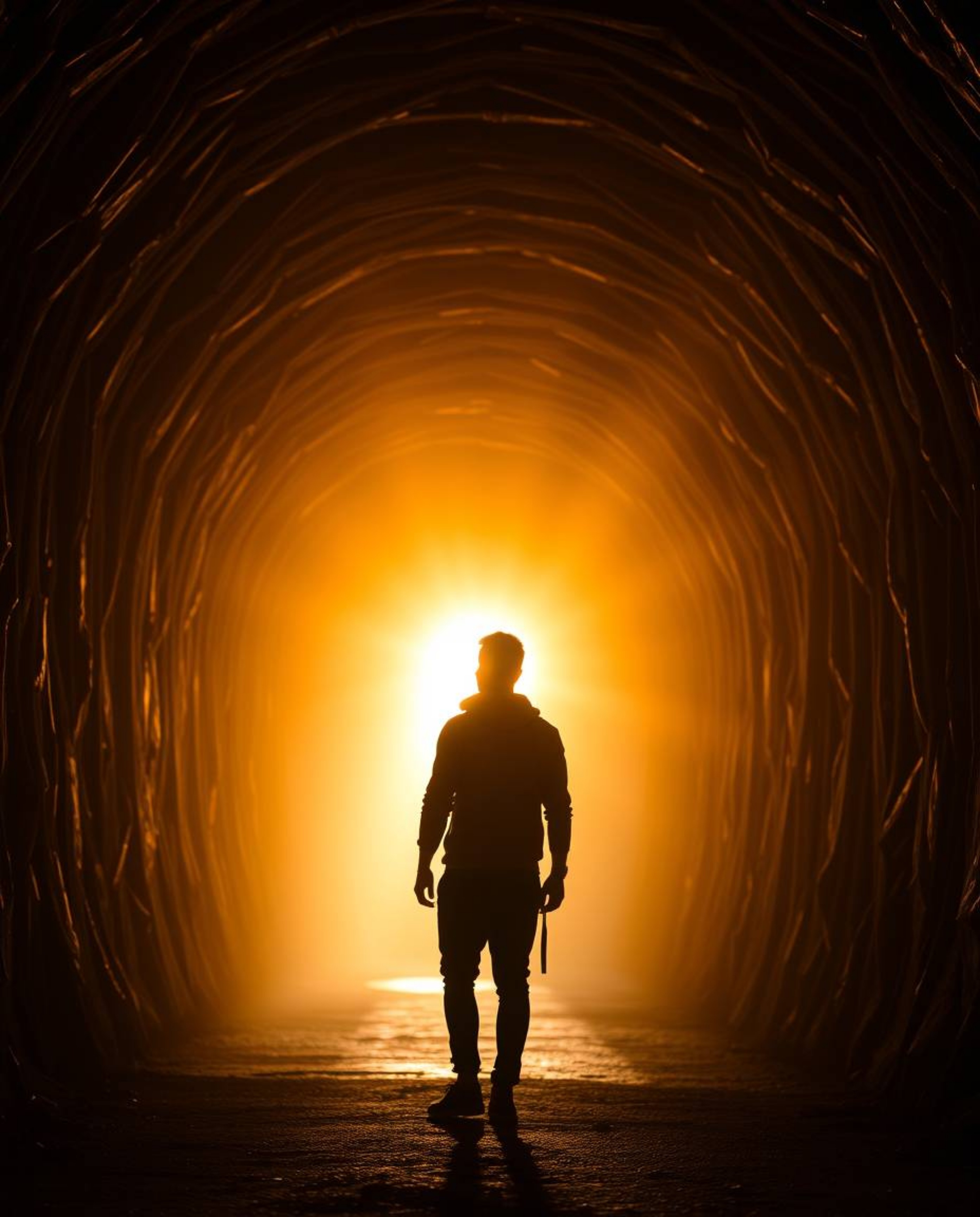Experience the warm, golden glow as it illuminates a lone figure standing at the edge of a tunnel, captivated by a distant li