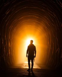 Experience the warm, golden glow as it illuminates a lone figure standing at the edge of a tunnel, captivated by a distant li
