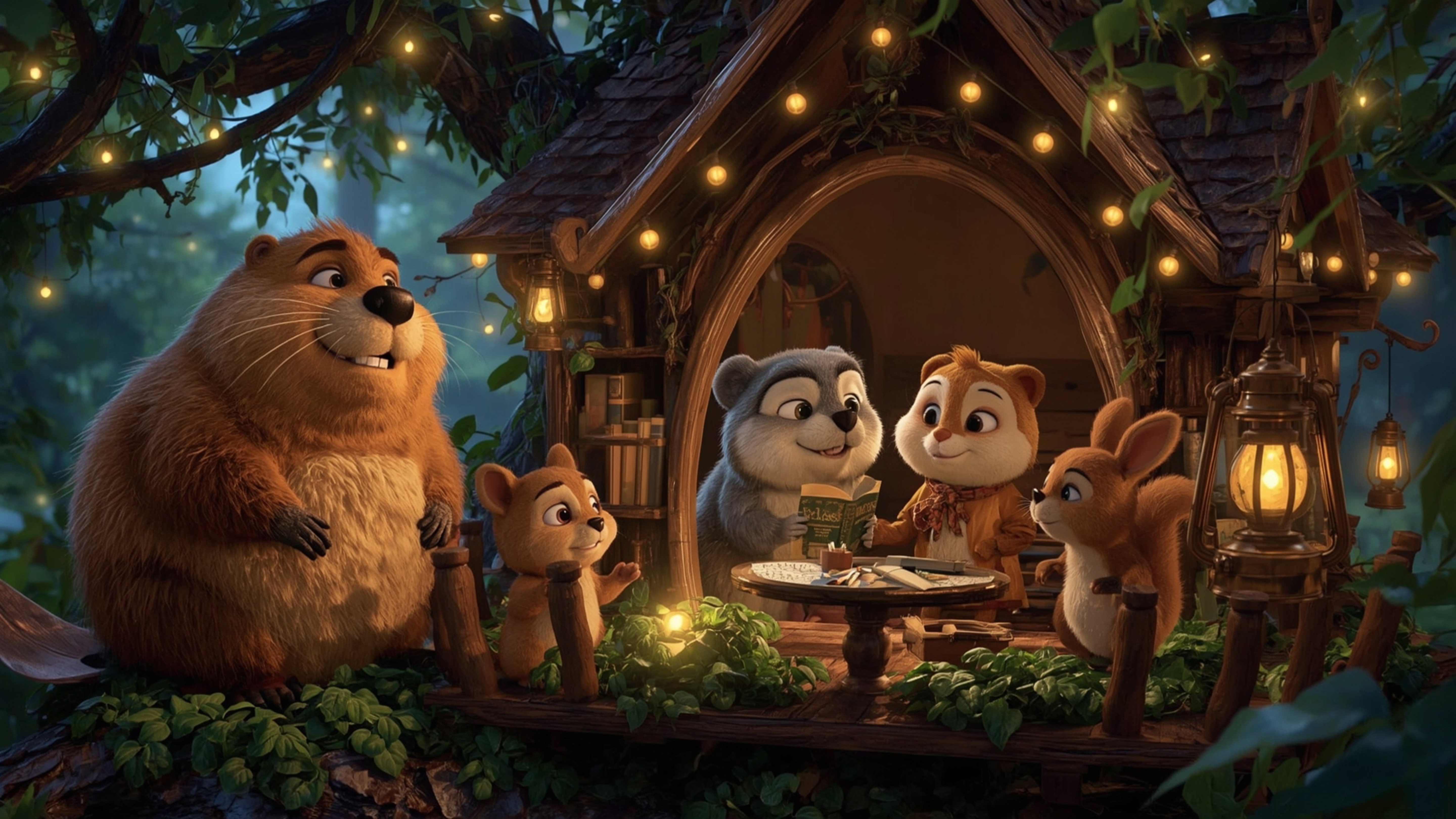 A high-resolution, professionally lit, and intricately detailed stock photo captures a cheerful beaver with warm, golden fur
