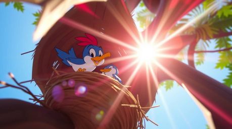 This vibrant animation depicts two cartoon birds diligently building a nest in a classic animation style. The high-angle pers